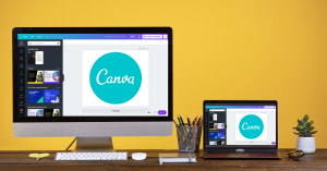 Canva software open on a computer and laptop screen against a colourful background.